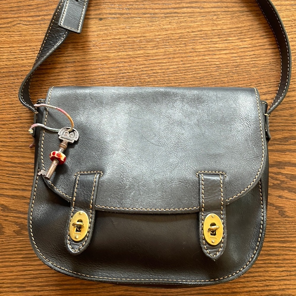 Fossil Dark Brown Leather Crossbody Bag with Gold Hardware